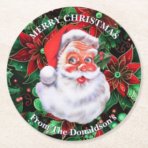 Personalize Christmas Santa Claus Family Name 6 Round Paper Coaster