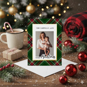 Personalize Colorful Modern Plaid Photo Christmas Foil Holiday Card