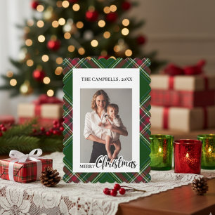 Personalize Colorful Modern Plaid Photo Christmas Invitation