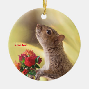 Personalize cute Squirrel animal with roses  Ceramic Ornament