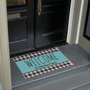 Personalize Farmhouse Black Buffalo check and Teal Doormat
