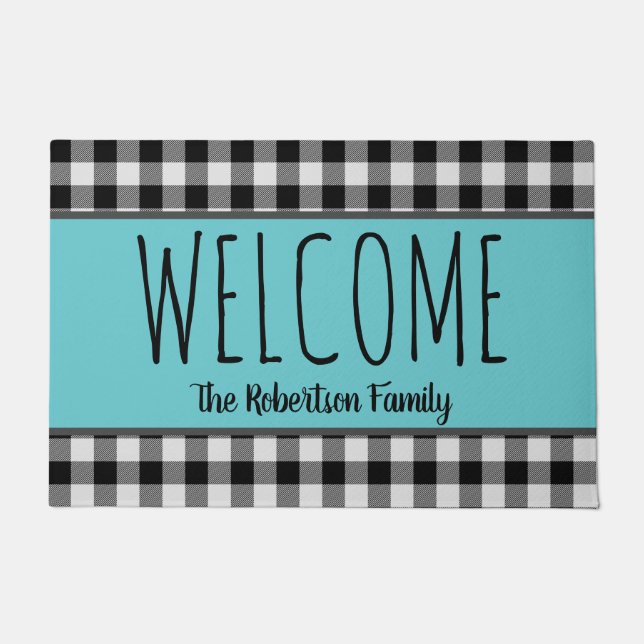 Personalize Farmhouse Black Buffalo check and Teal Doormat (Front)