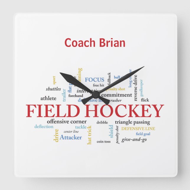 Personalize, Field Hockey Coach Thank You in Words Square Wall Clock (Front)