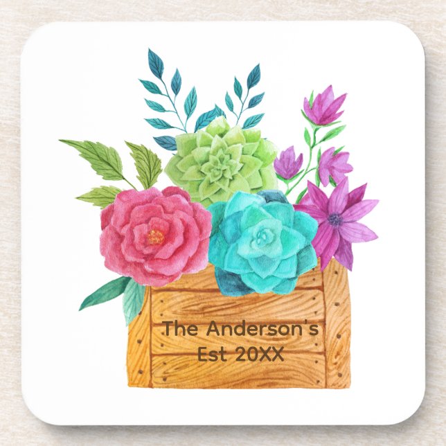 Personalize Floral Basket Pink Blue Green Flowers Coaster (Front)