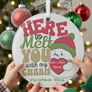 PERSONALIZE Fun ''Kids Snowman Reds & Greens Glass Tree Decoration