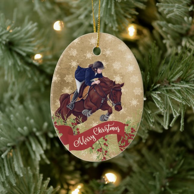 Personalize Girl and Horse Jumping Merry Christmas Ceramic Ornament (Tree)