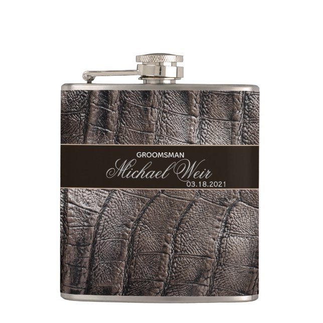 Personalize Groomsman Brown Leather Covered Hip Flask (Front)