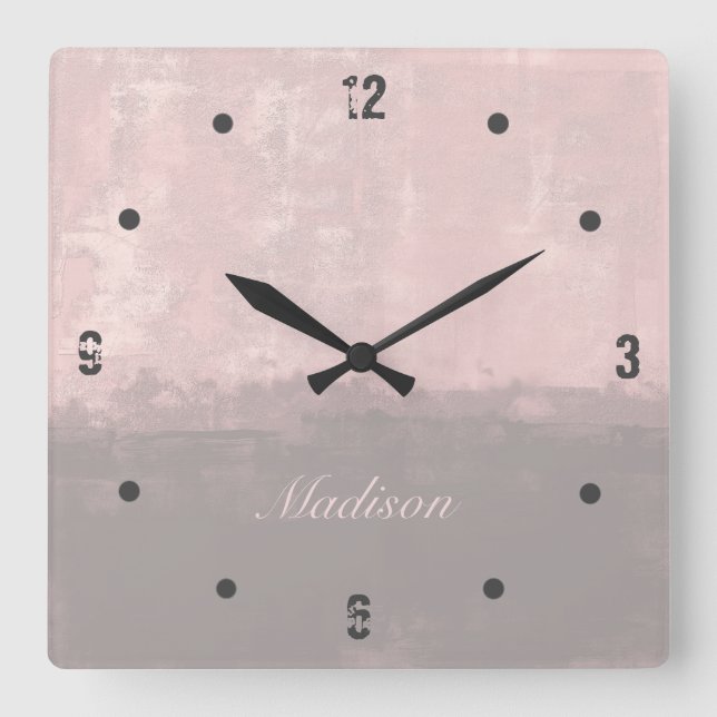 Personalize modern art style light pink gray square wall clock (Front)