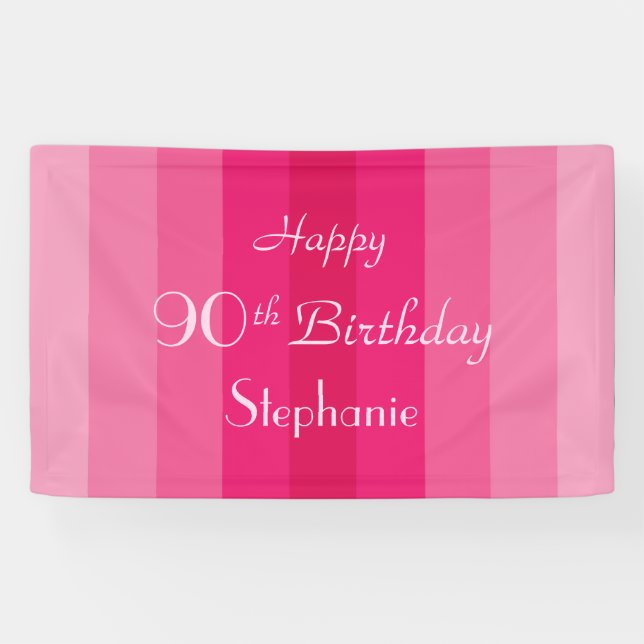 Personalize Name 90th Birthday Party Pink Stripes  Banner (Horizontal)