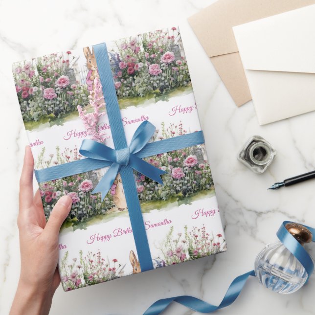 Personalize Name Classic bunny in Pink Jacket  Wrapping Paper (Gifting)