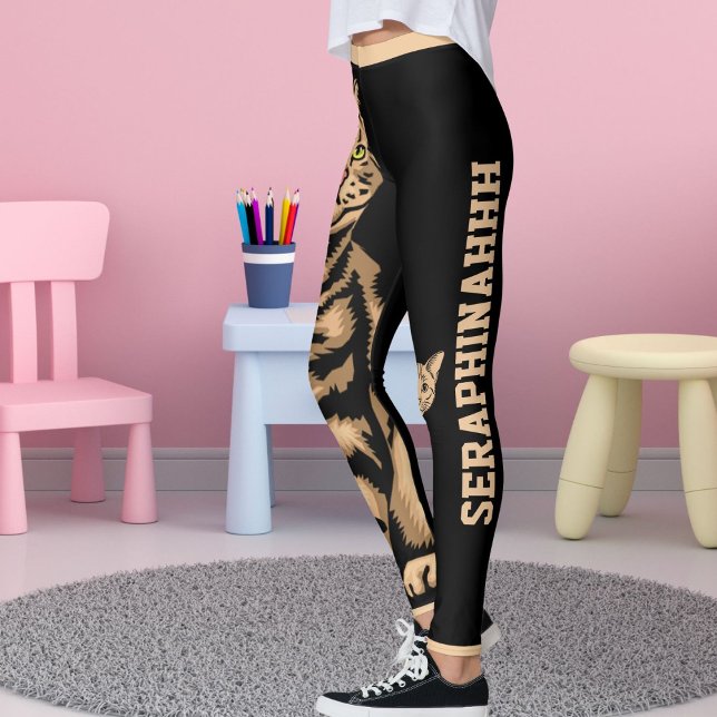 Personalize Name Cute Cat Pet Animal Striped Black Leggings (Creator Uploaded)