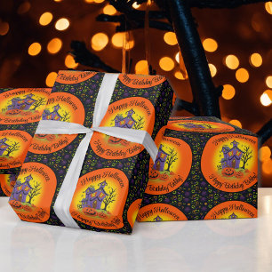 Personalize Name Halloween Pumpkin Haunted House Wrapping Paper