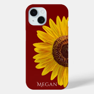 Personalize Name Maroon Red Yellow Sunflower  iPhone 15 Case