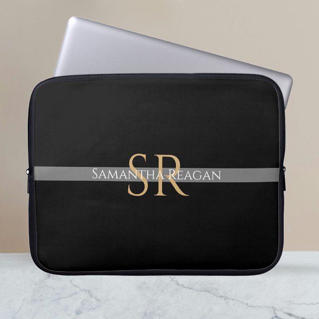 Personalize Name & Monogram Gold/White Grey Stripe Laptop Sleeve (Creator Uploaded)