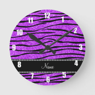 Personalize name neon purple glitter zebra stripes round clock