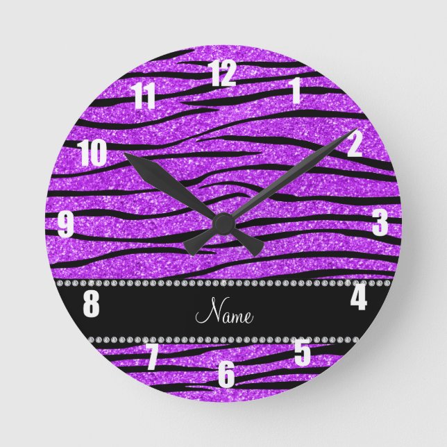 Personalize name neon purple glitter zebra stripes round clock (Front)