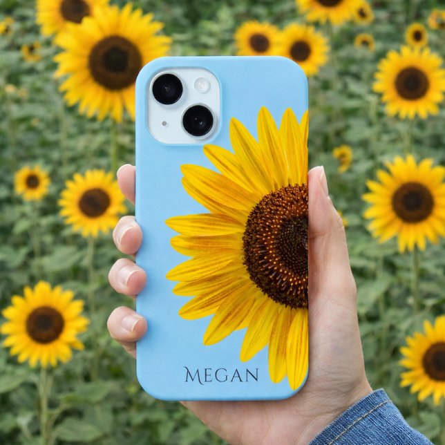Personalize Name Sky Blue Yellow Sunflower  Case-Mate iPhone Case (Beautiful Sunflower Art Custom Your Name iPhone Case)