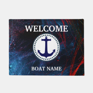 Personalize Nautical Blue Welcome Boat Name Stripe Doormat