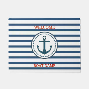 Personalize Nautical Blue Welcome Boat Name Stripe Doormat