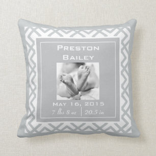 Personalize Nursery Birth Announcement, Gray Cushion