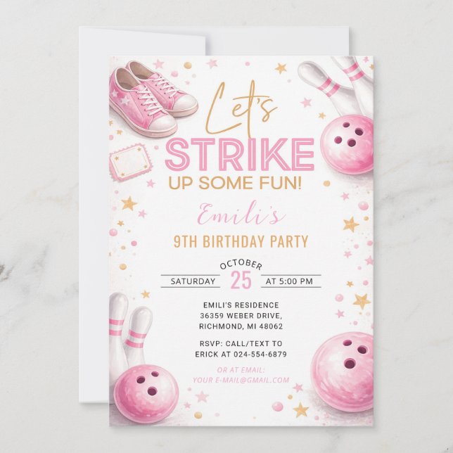 Personalize Pink Bowling Birthday Invitation (Front)