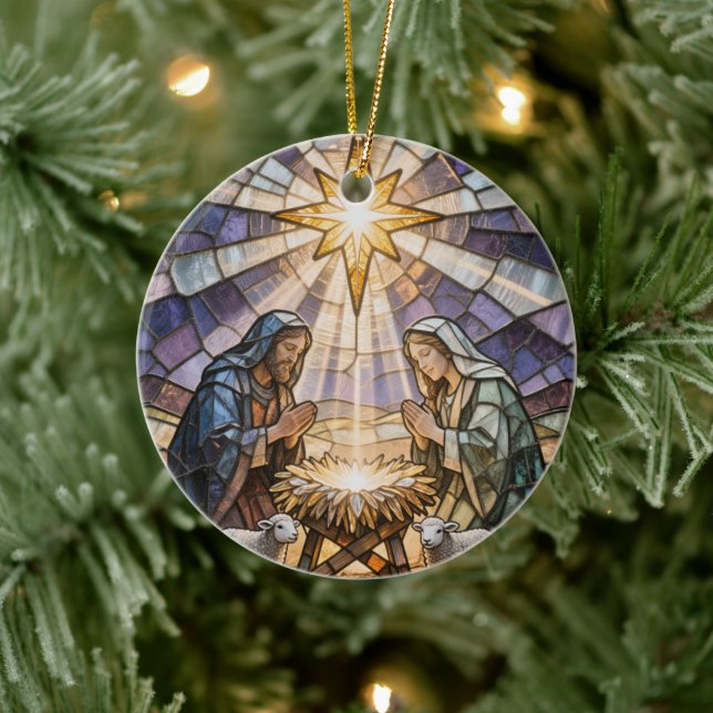 Personalize Stained Glass Nativity Scene Christmas Ceramic Ornament (Tree)