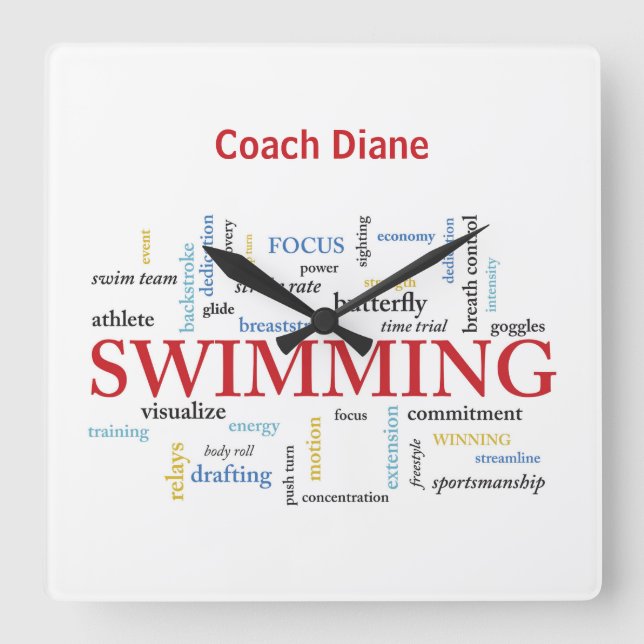 Personalize, Swimming Coach Thank You In Words Square Wall Clock (Front)