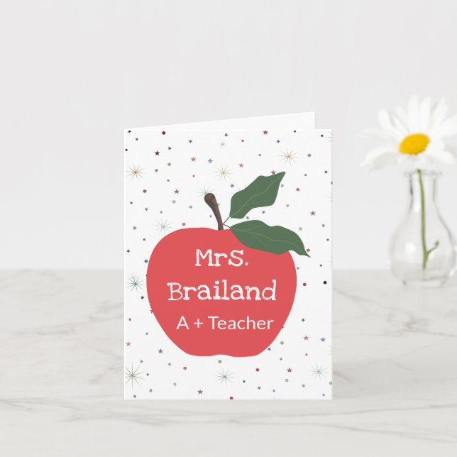 Personalize teacher name custom red apple card (Small Plant)