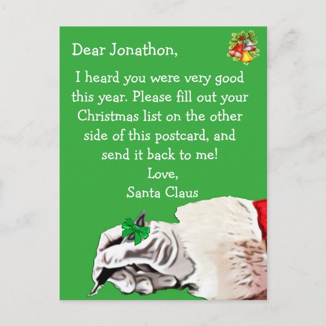 Personalize this "Postcard for Santa Claus" Holiday Postcard (Front)
