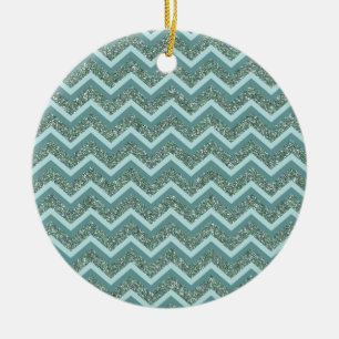 Personalize this Teal Glitter ZigZag Ceramic Tree Decoration