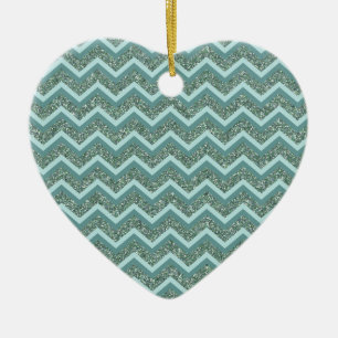 Personalize this Teal Glitter ZigZag Ceramic Tree Decoration