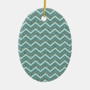 Personalize this Teal Glitter ZigZag Ceramic Tree Decoration