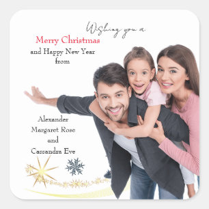 Personalize Upload Photo Names Christmas Greeting Square Sticker