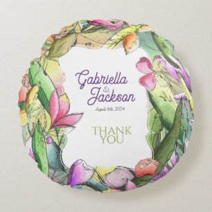 Personalize Watercolor Floral Outlined Round Cushion