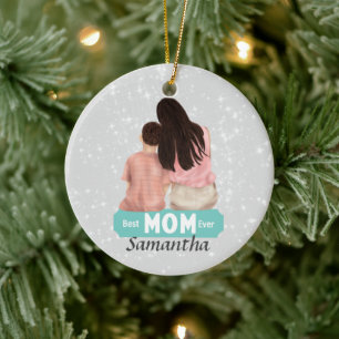 Personalize Watercolor Mother and Son   Gray Ceramic Ornament