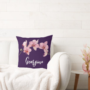 Personalize Watercolor Pink Moth Orchids Flower Cushion