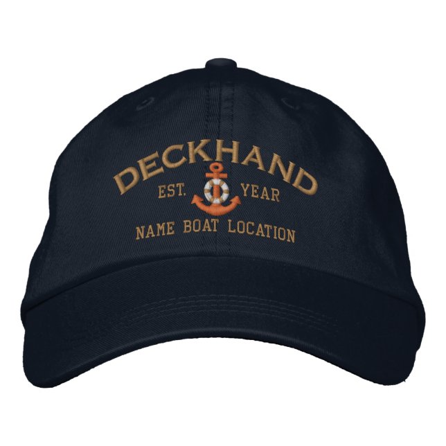 Personalize Year Name Deckhand LifeSaver Anchor Embroidered Hat (Front)