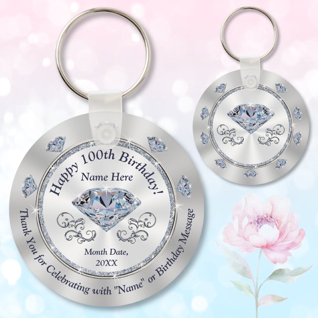 Personalized, 100th Birthday Party Favors Key Ring (100th birthday party favors. Birthday party ideas for 100 year old woman. 100th birthday souvenirs.)