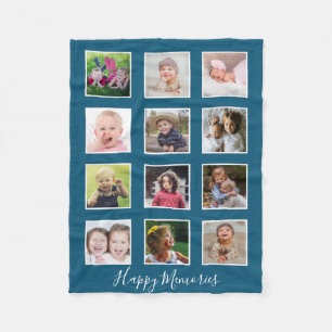Personalized 12 Family Photo Collage Blue Fleece Blanket