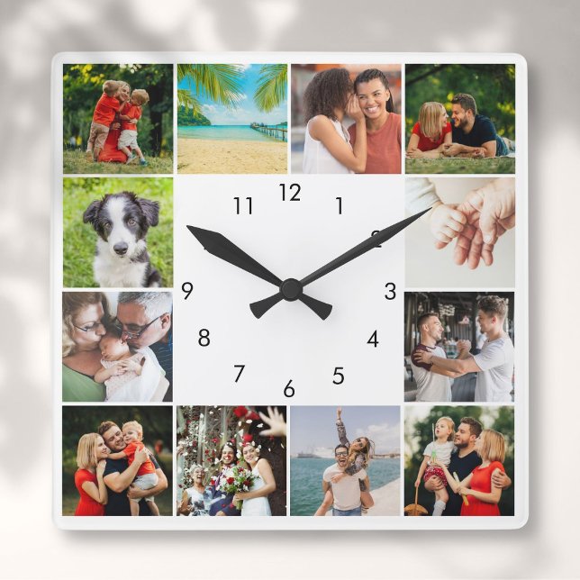 Personalized 12 Family Photo Collage Square Wall Clock (Personalized 12 Family Photo Collage Square Wall Clock)