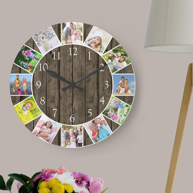 Personalized 12 Photo Collage Dark Wood Round Large Clock (Photo clock with 12 photos, one at each hour. Great design for your home or a thoughtful photo gift.)