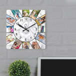 Personalized 12 Photo Collage Grey White Marble Square Wall Clock<br><div class="desc">Create your own unique wall clock with 12 of your favorite photos. The photo template is set up ready for you to add your pictures working clockwise from the top. This attractive, grey and white marble design has black numbers and will look great with modern and contemporary decor. For this...</div>