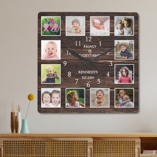 Personalized 12 Photo Collage Rustic Barn Wood Square Wall Clock