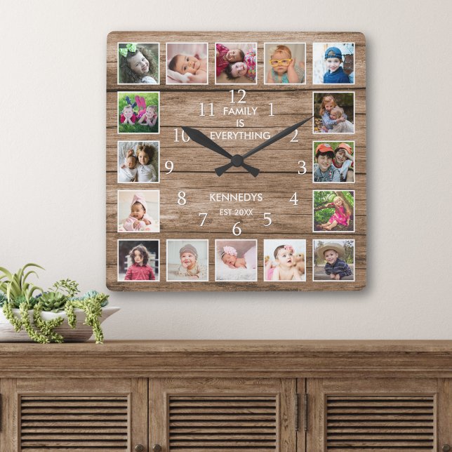 Personalized 16 Photo Collage Quote Rustic Wood Square Wall Clock (Creator Uploaded)