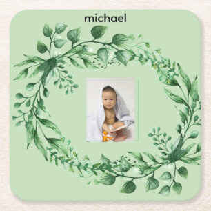 Personalized 1-image Eucalyptus Leaves Square Paper Coaster