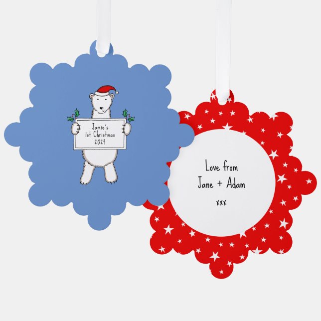 Personalized 1st Christmas Polar Bear  Tree Decoration Card (Front/Back)