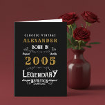 Personalized 21st Birthday Born 2005 Vintage Black Card<br><div class="desc">A personalized classic birthday card for that birthday celebration for somebody born in 2005 and turning 21. Add the name to this vintage retro style black, white and gold design for a custom birthday gift. Easily edit the name and year with the template provided. A wonderful custom black birthday gift....</div>