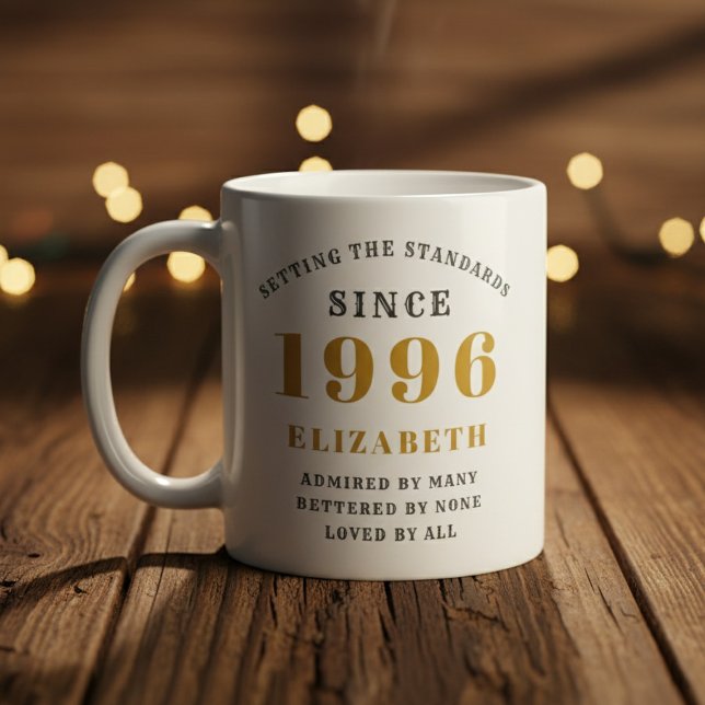 Personalized 30th Birthday 1996 Add Name Elegant Coffee Mug (Born 1996 birthday gift mug on a woof floor. Blurred background.)