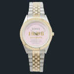 Personalized 30th Birthday 1996 Pink Gold Woman's Watch<br><div class="desc">Celebrate a remarkable milestone with this exquisite Personalized 30th Birthday Watch for women. This elegant timepiece features a chic design in soft blush pink, perfectly accented with luxurious gold-look typography and a stylish two-tone silver and gold bracelet. The watch face proudly displays the classic birth year, 1996. It is a...</div>
