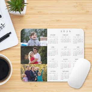 Personalized 3 Photo Collage Family 2026 Calendar Mouse Pad